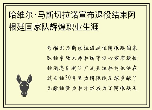 哈维尔·马斯切拉诺宣布退役结束阿根廷国家队辉煌职业生涯